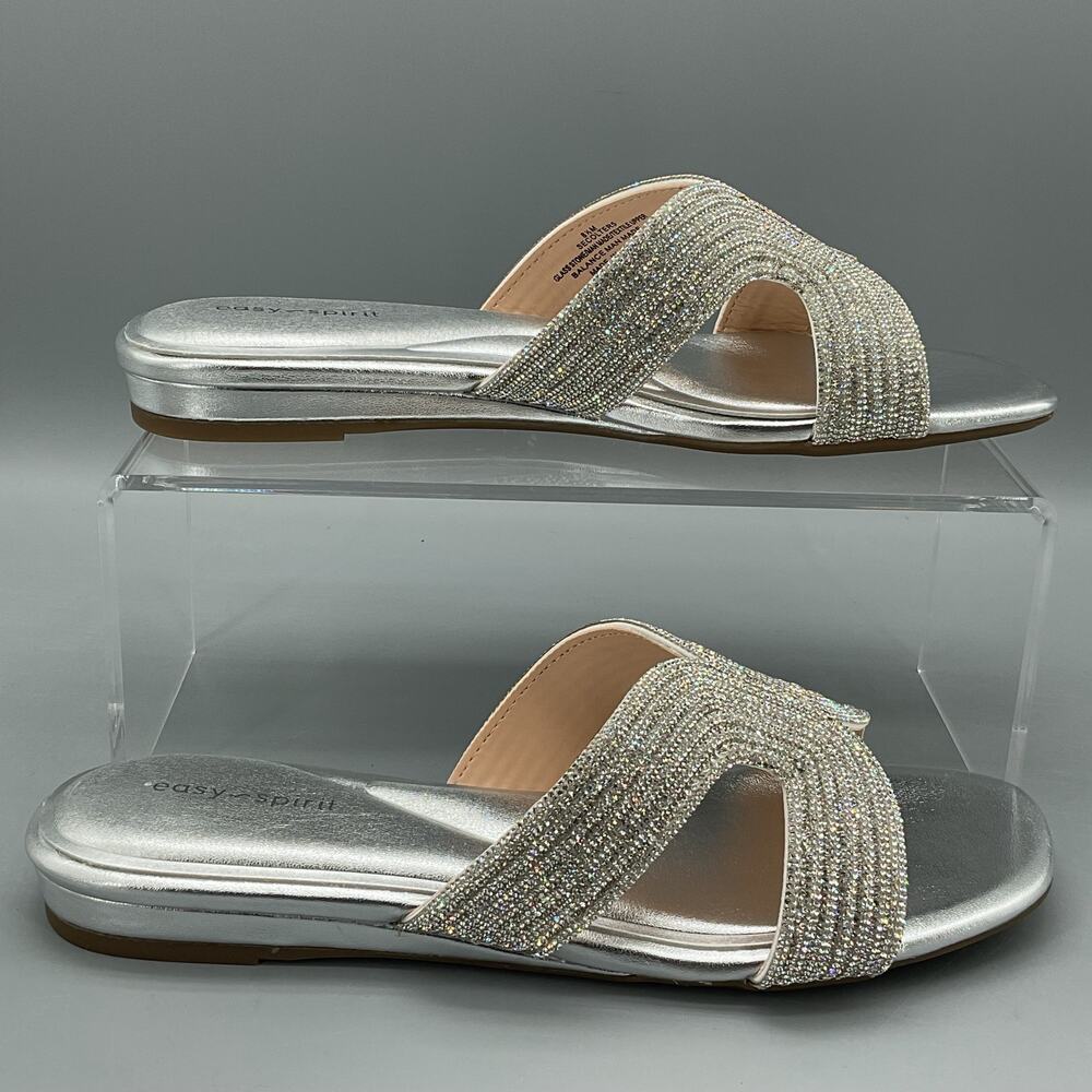 NEW Easy Spirit Women’s Colter Embellished Flat Slide Sandals Silver Size 6M